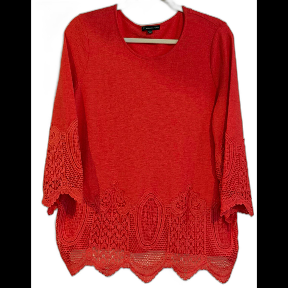 Adrianna Papell Women's Orange Solid Round Neck 3/4 Sleeve Crochet Hem Blouse 2X